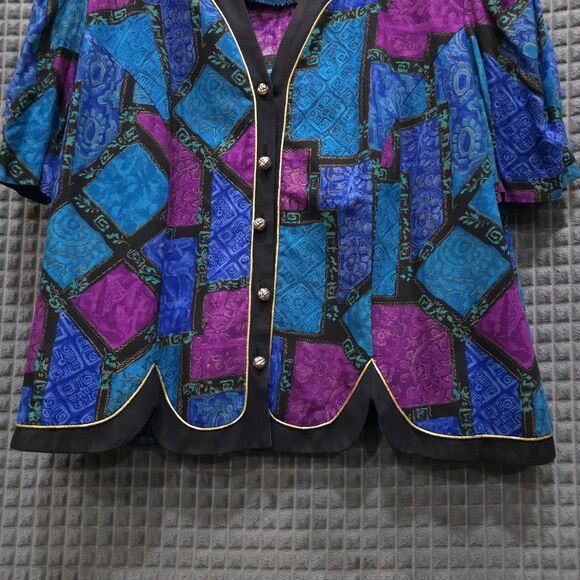 VTG 80s Colorful Blue Blouse Sz22 Glam Gold Buttons Statement Shoulder Pads 90s - Picture 4 of 16